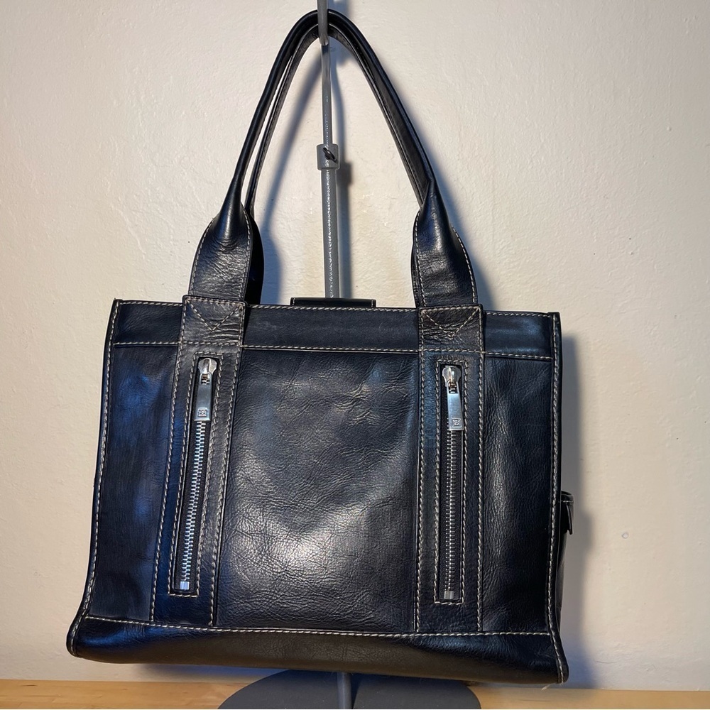 MICHAEL Michael Kors Black Leather Satchel Zip Pockets Double Handle Handbag